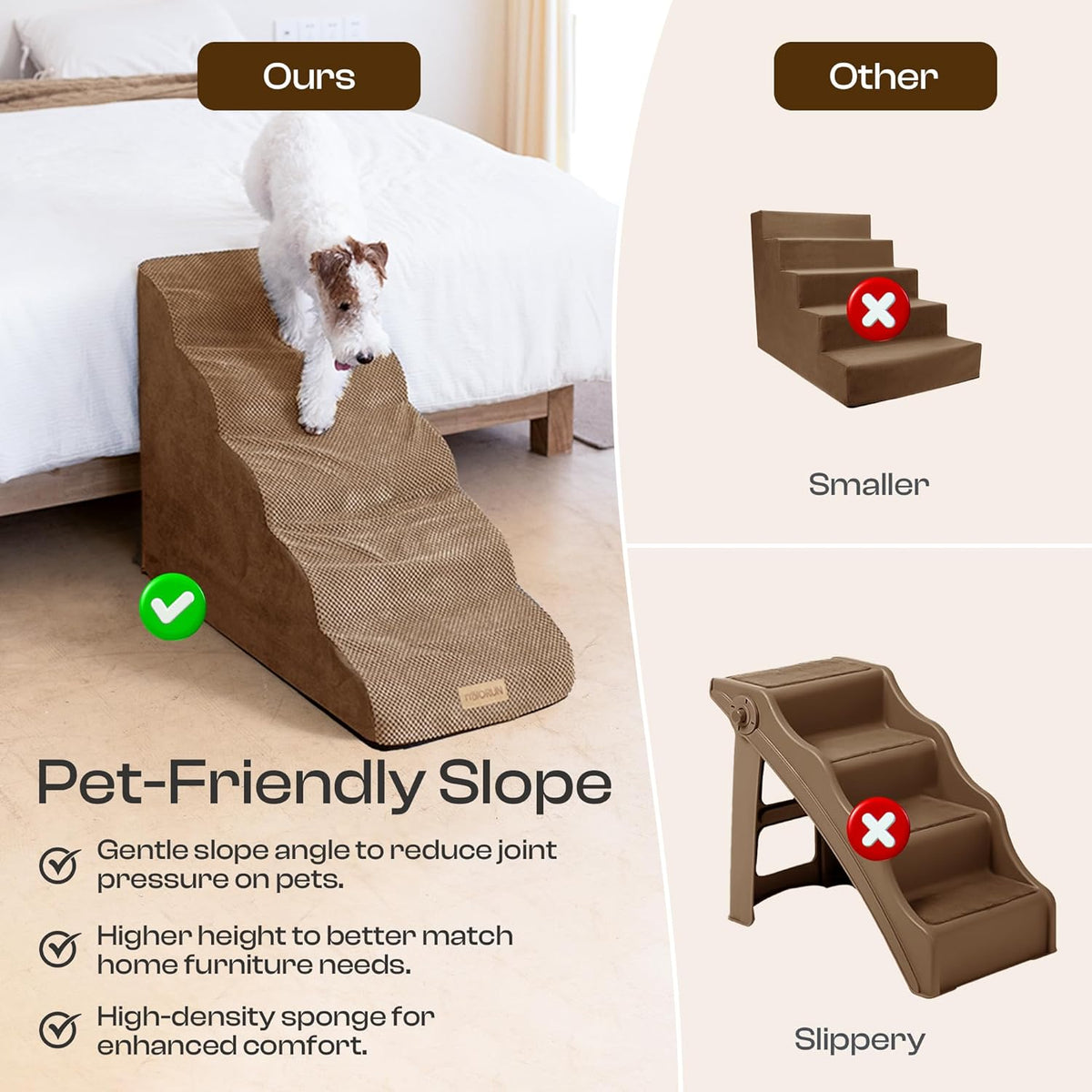Dog Stairs for High Beds Up to 26-30", 5-Step Foam Pet Ramp with Washable Cover, Gentle Slope
