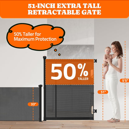 Extra Tall Retractable Baby Gates: 51" High Pet Gate, Extend up to 71" Wide, Mesh Baby Gate with
