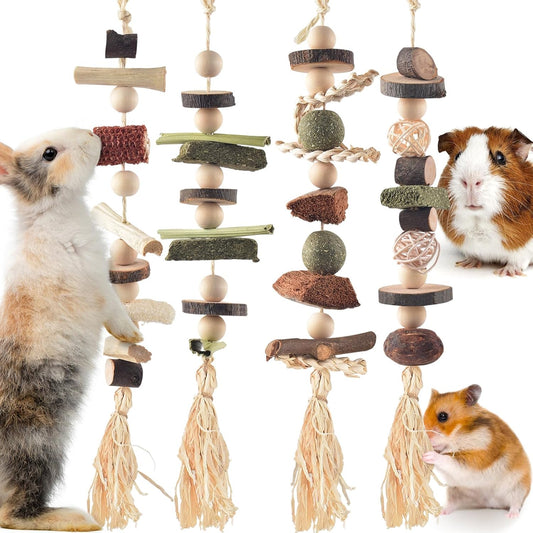 4 Pcs Bunny Chew Toys for Teeth, Hanging Rabbit Chewing Toy Treats with Timothy Grass & Natural