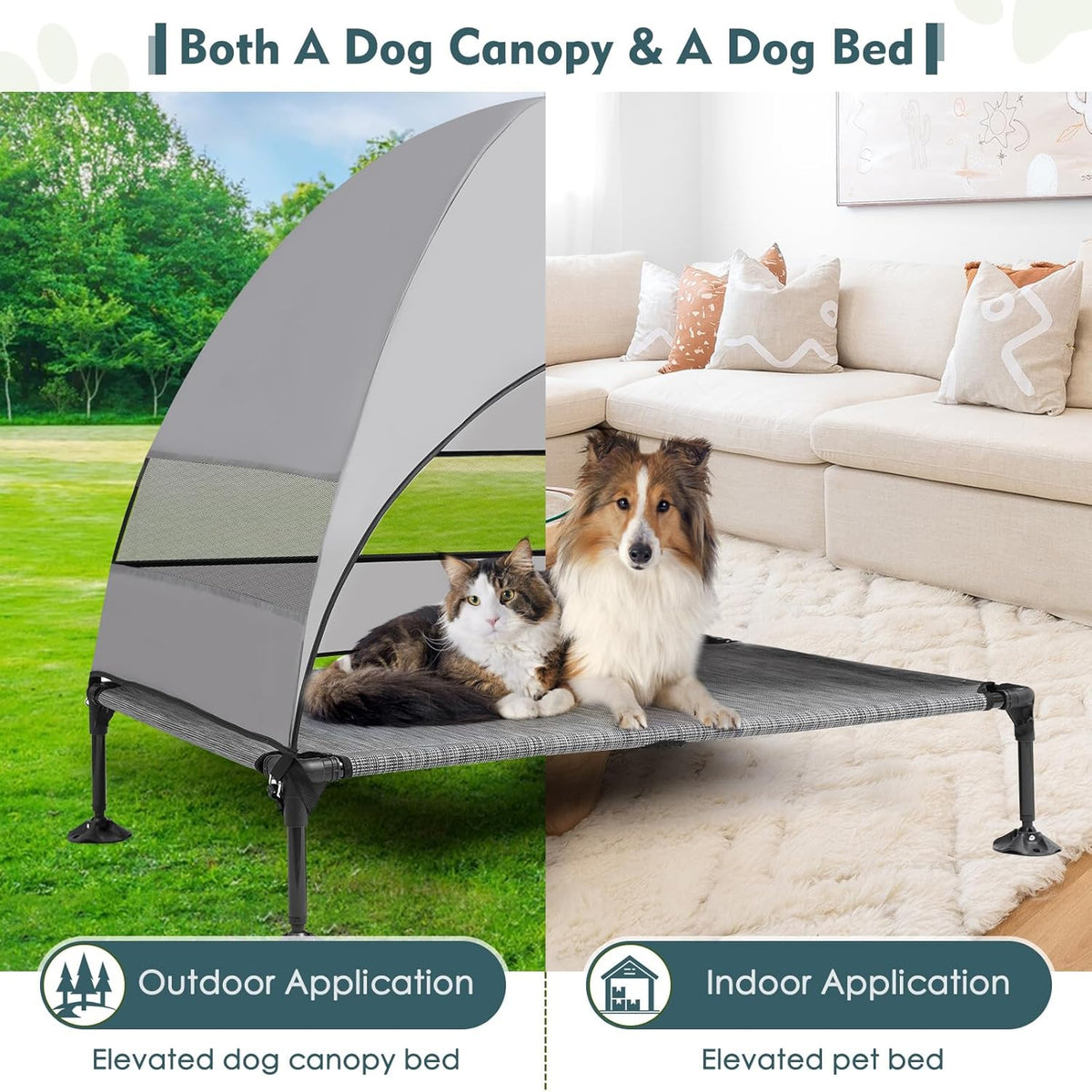 Upgraded Elevated Dog Bed with Canopy, Portable Raised Outdoor Dog Bed with Stable Anti-Slip Feet