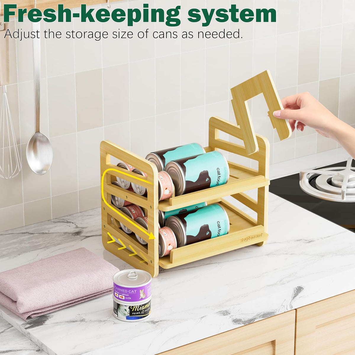 Rolling Bamboo Cat Food Can Organizer, 2-Layer Wet Cat Food Storage Container Holds 42 (3oz) Cans