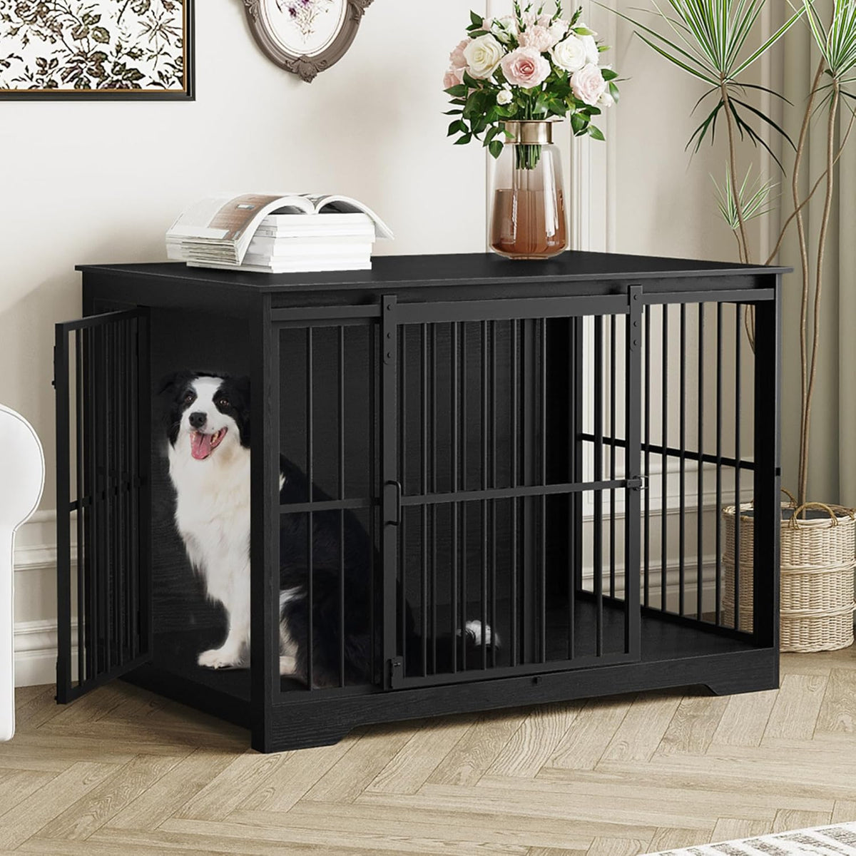 XL Large Dog Crate Furniture, 44.1" Indoor Dog Kennel Furniture with Barn Door, Wooden Tall Dog