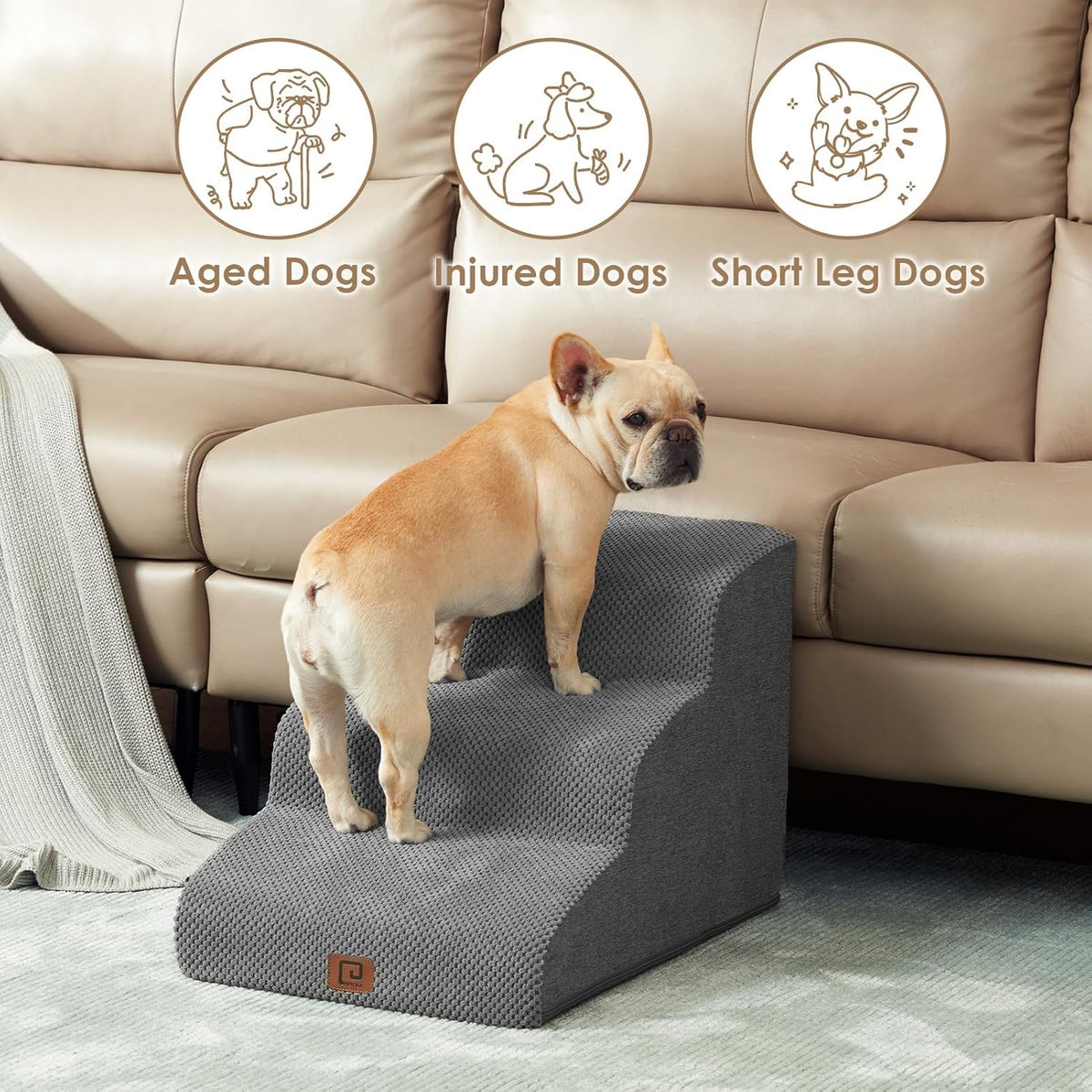 EHEYCIGA Curved Dog Stairs Ramp for Small Dogs 15.7" H, 3-Step Dog Steps for Couch Sofa and Chair