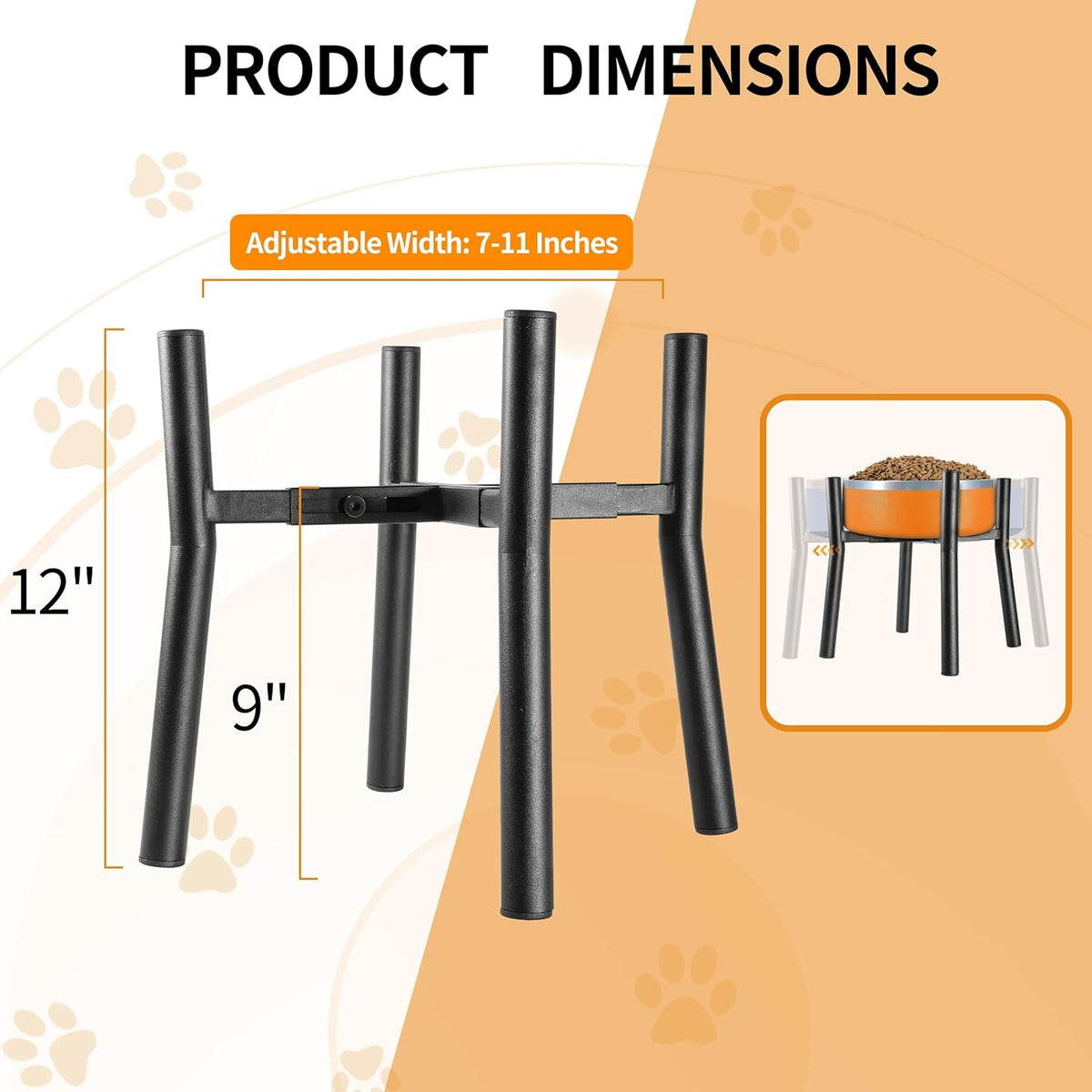 Lifted Dog Bowl Stand - Without Bowls, Single Raise Pet Food Table Adjustable Wide 7-11", Tall 12"