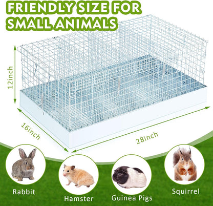 Folding Rabbit Cage, 28 x 16 x 12 in Portable Bunny Carrier with Tray and Handles for Transport