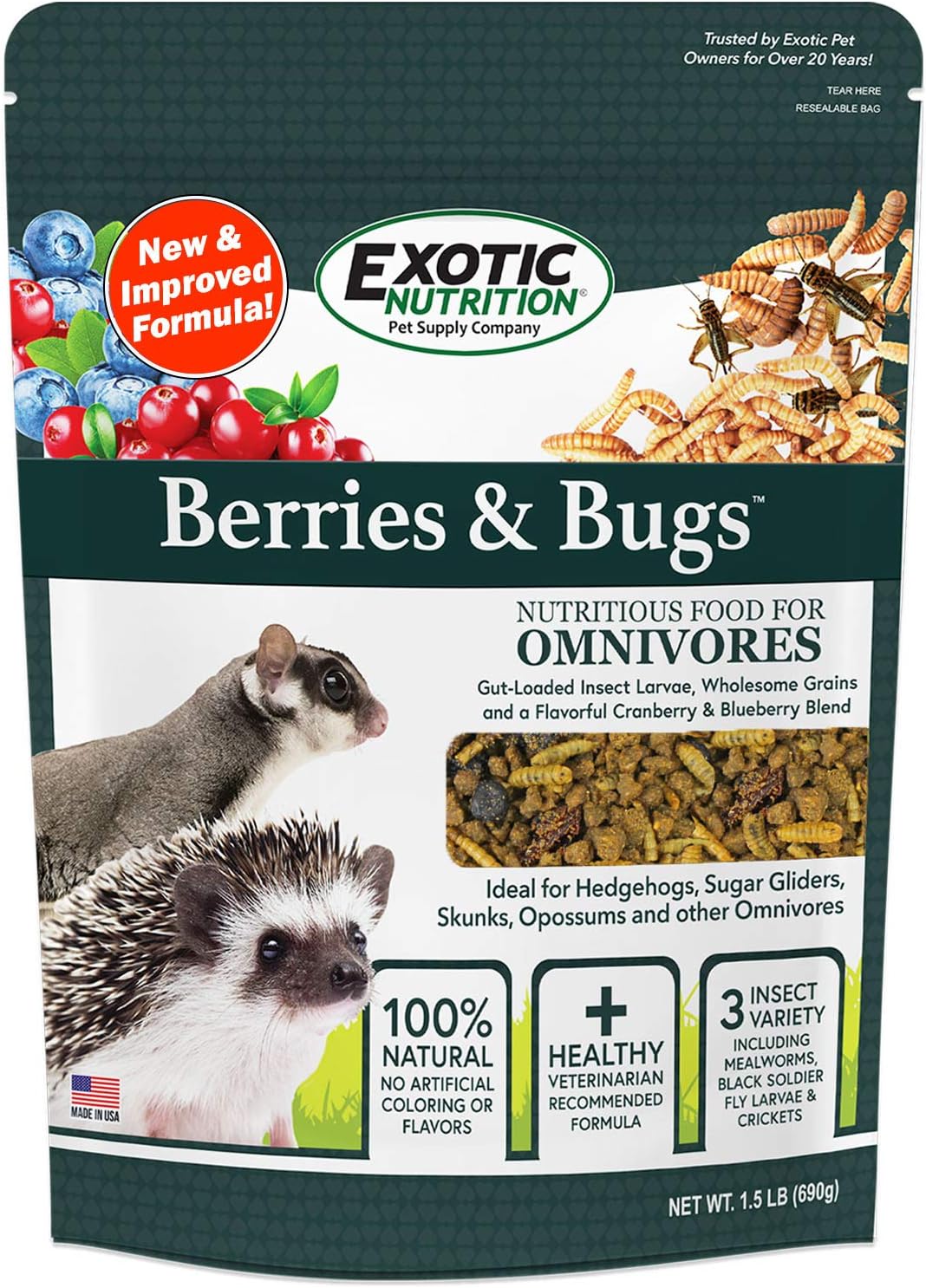 Berries & Bugs 3 lb. - All Natural High Protein High Fiber Insectivore Diet with Fruit, Gut-Loaded