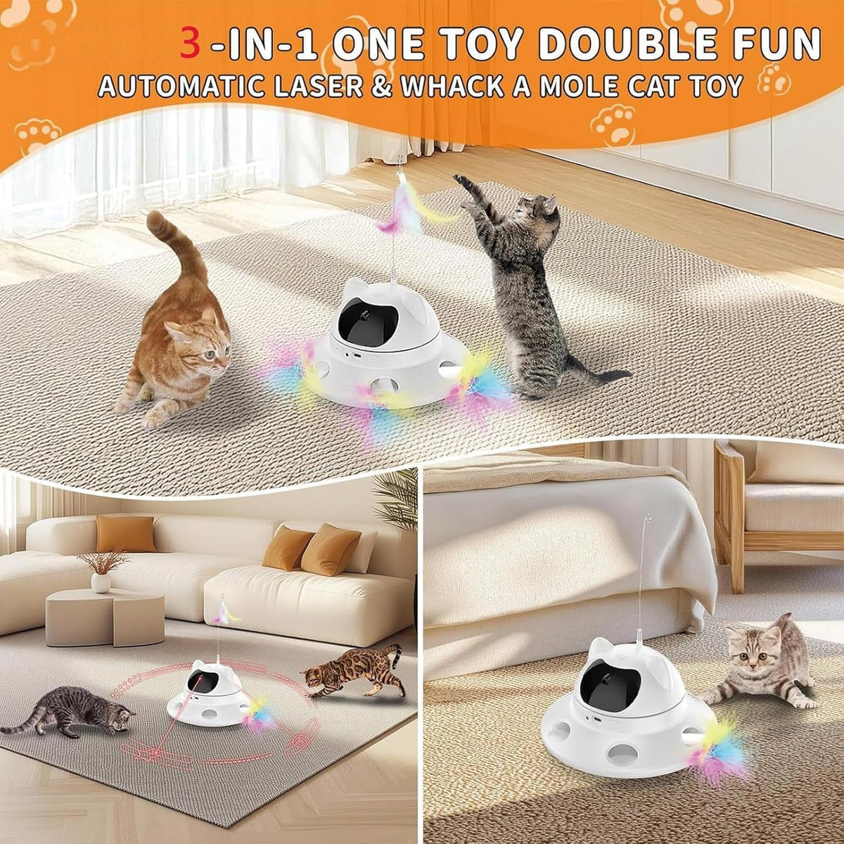 3-in-1 Cat Laser Toy & Interactive Automatic Motion-Activated Kitten Toy – 6 Holes Whack-A-Mole