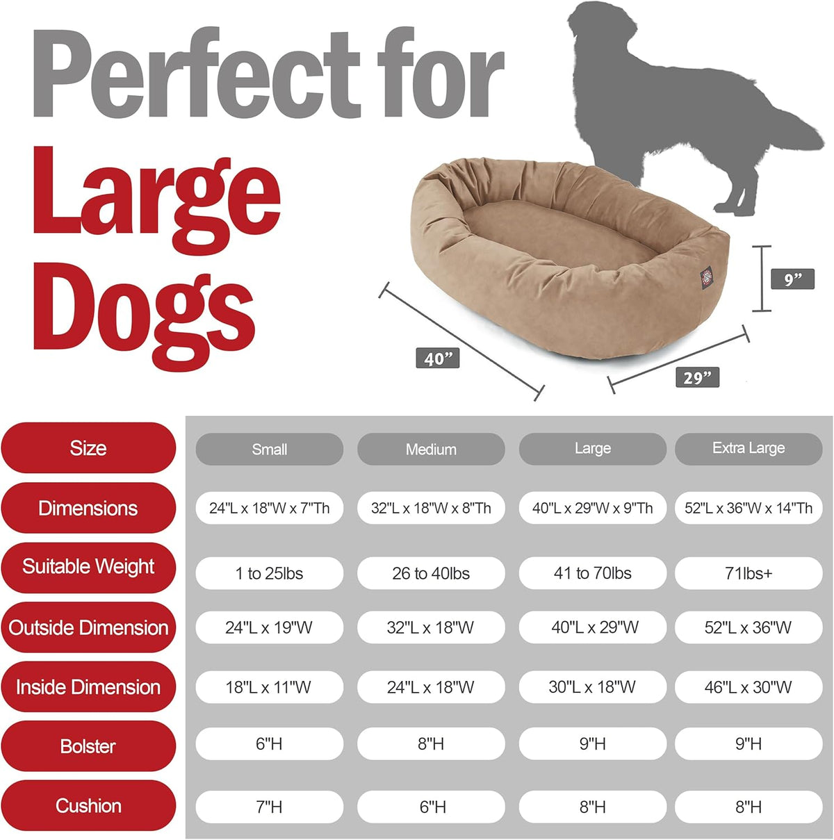 Majestic Pet 40 Inch Suede Shredded Memory Foam Mix Calming Large Dog Bed Washable 40 x 29 x 9