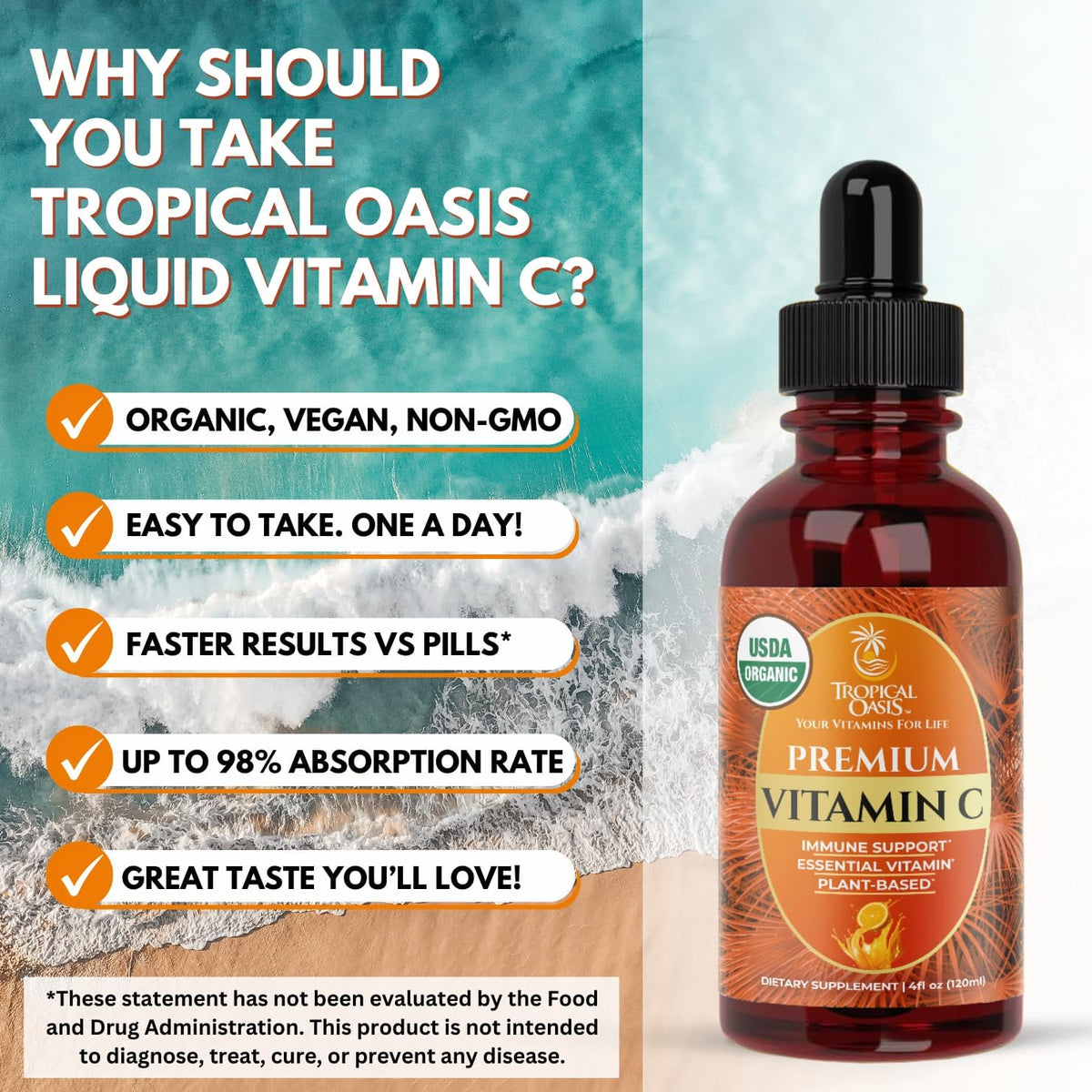 Tropical Oasis USDA Organic Liquid Vitamin C Drops for Adults & Kids | Supports Healthy Immune