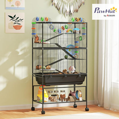 PawHut Hamster Cage with Deep Tray, 5 Tier Rolling Rat Cage with Storage Shelf, Big Exercise Wheel