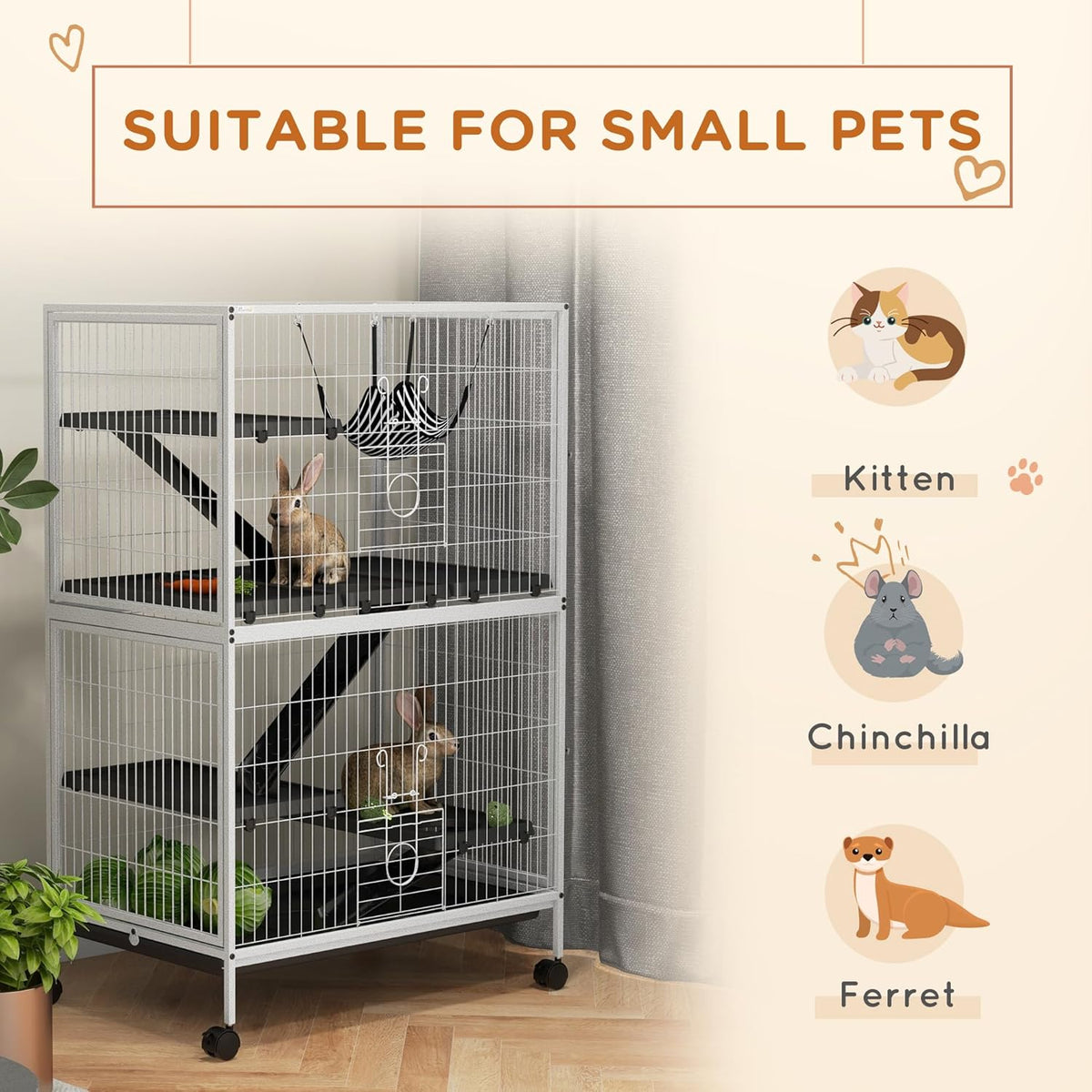 PawHut Metal Small Animal Cage, 5-Tiers Rolling Big Ferret Cage with Hammock, Removable Tray, for