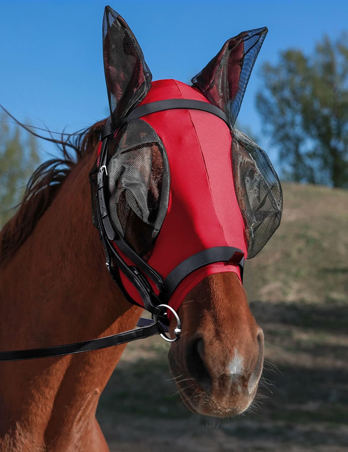Horse Fly Mask with Ears, UV Protection Mask for Horses, Elasticity Mask with Big Mesh Eye Covers
