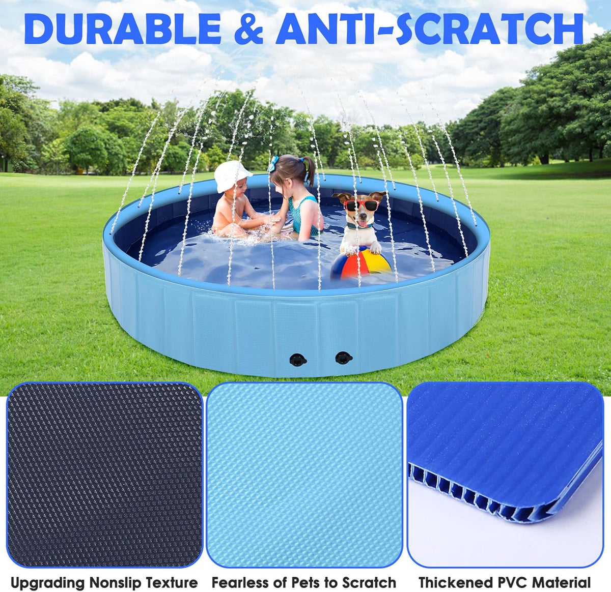 87" Large Dog Pool with Sprinkler, 2-in-1 Foldable Swimming Pool Non-Slip Hard Plastic Splash