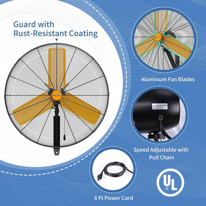 24 inch Oscillating High Velocity Wall Mount Fan, 7600 CFM Industrial Heavy Duty Metal Wall Fan, 3