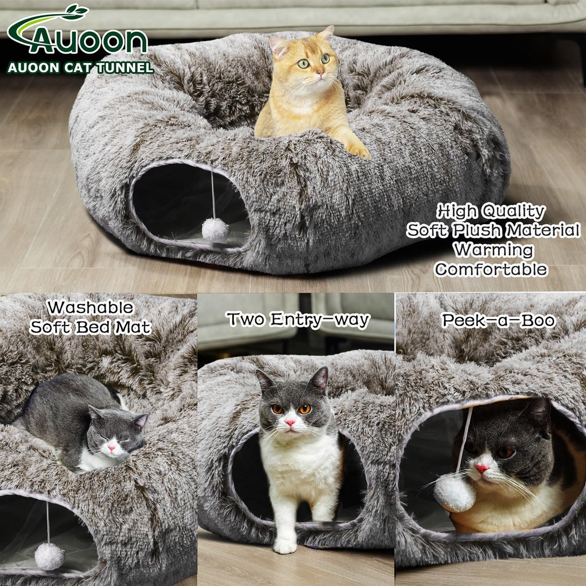 AUOON Cat Tunnel Bed - Cat Donut Tunnel with Soft Plush Circle Cushion for Indoor Cats Kitten Kitty