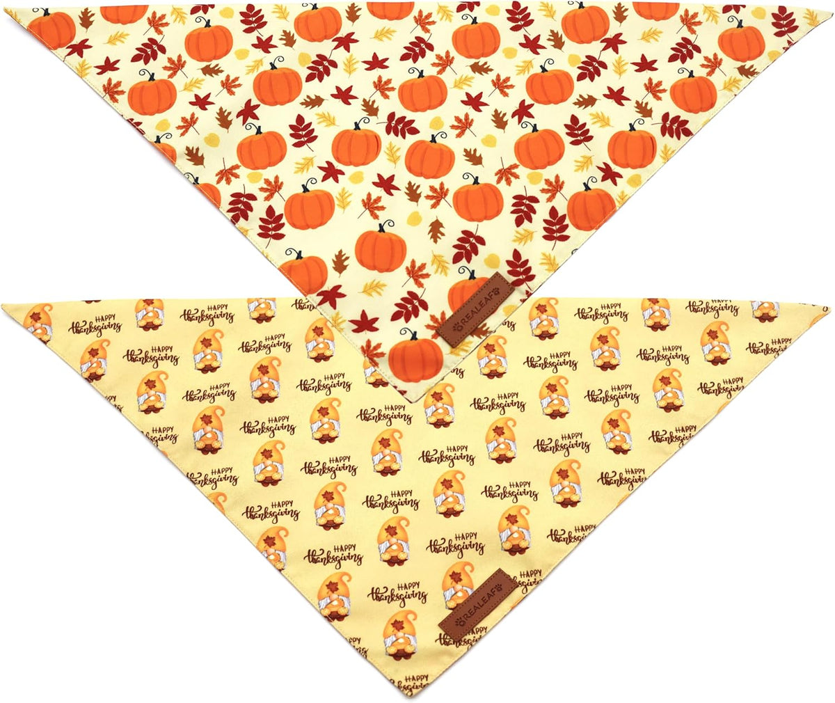 Realeaf Thanksgiving Dog Bandanas 2 Pack, Pumpkins and Happy Thanksgiving Pet Scarf for Boy and