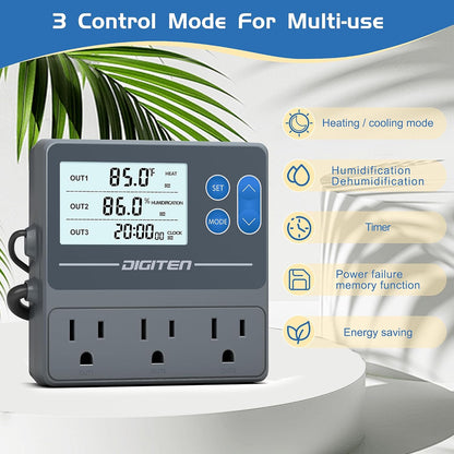 Digital Temperature Humidity Controller Pre-Wired Outlets for Mushroom, Reptile, Heating/Cooling On