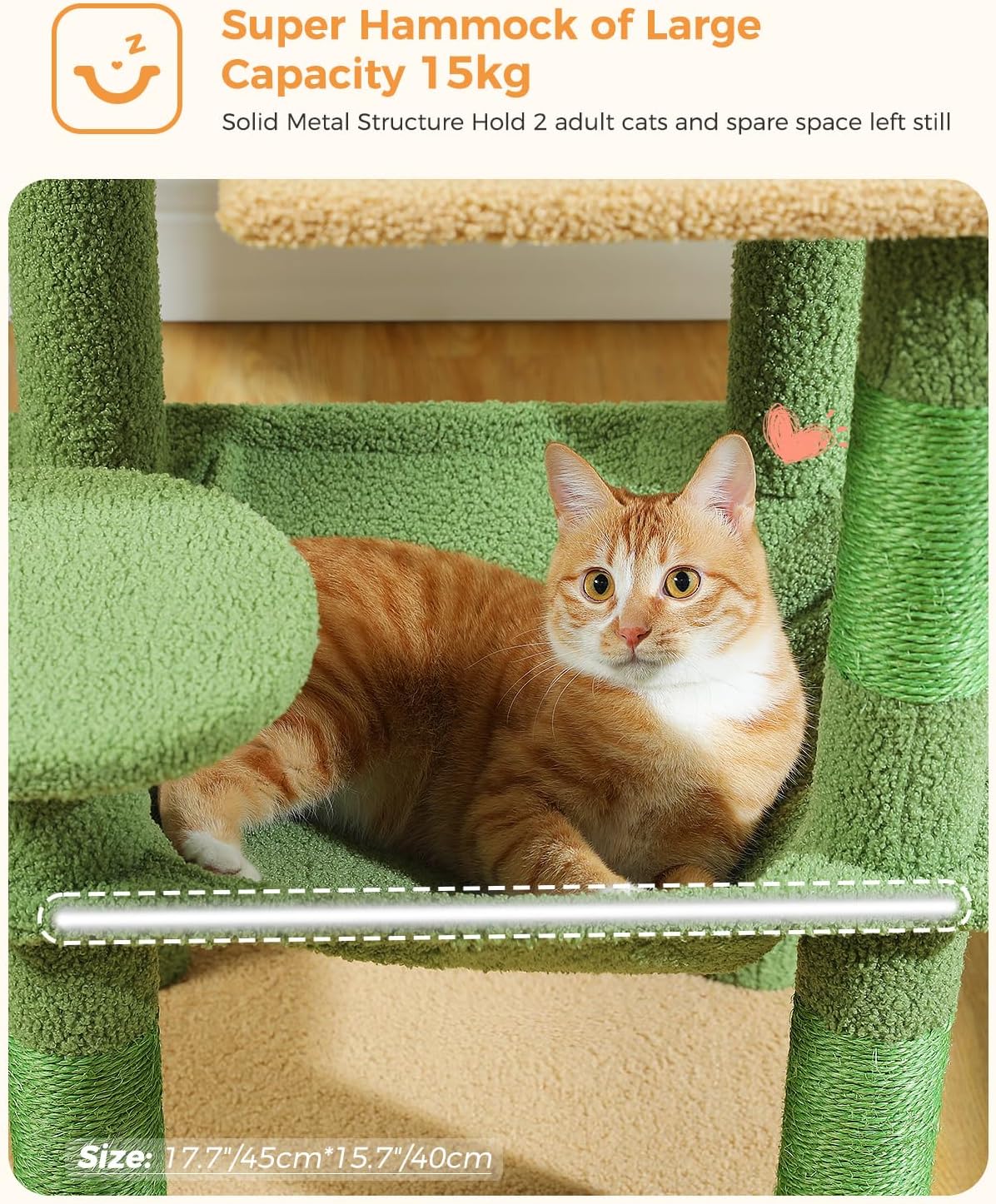 Cactus Cat Tree for Indoor Cats, 45.7" Multi-Level Cat Tower with Large Metal Frame Hammock, Cat