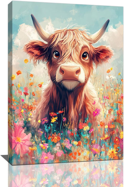 Highland Cow Wall Art Canvas Flower Cattle Wall Decor Prints Framed Painting Animal Pictures Gifts