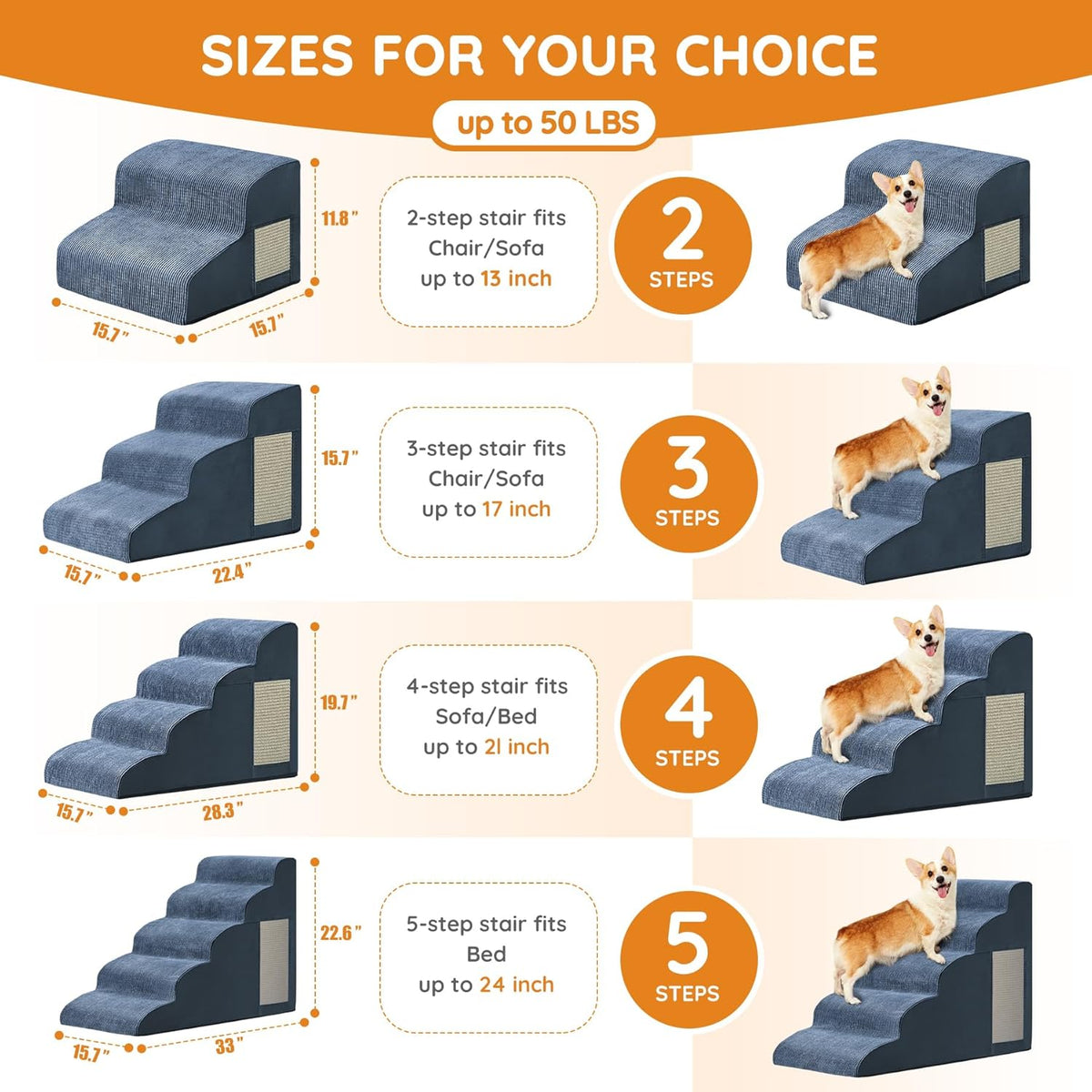 Pet Stairs for Small Dogs - 3-Step Curved Dog Ramp for Bed, Couch, Sofa, Car and Chairs - Non-Slip