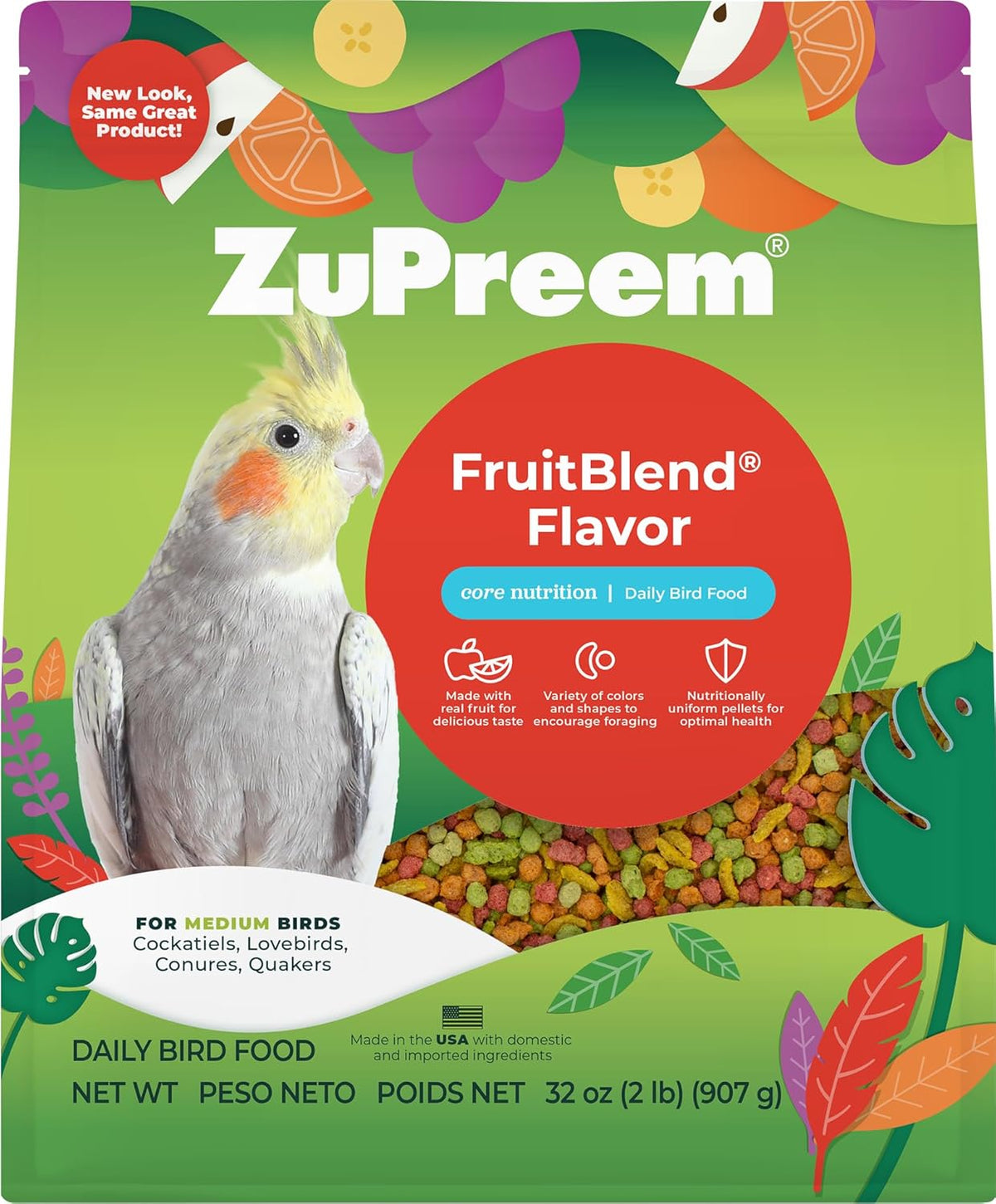 ZuPreem FruitBlend Bird Pellets, Daily Bird Food for Cockatiel, Lovebird, Quaker, Small Conure