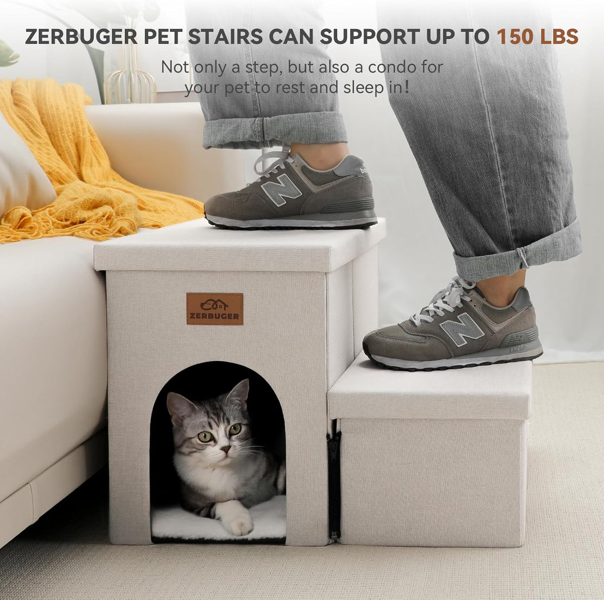 Dog Stairs with Condo 15" H, 2-Step Wider Dog Steps for Small/Medium/Large Old Dogs Cats, Folding