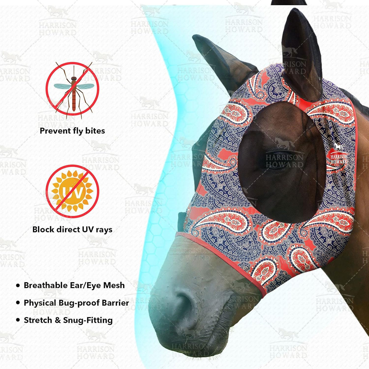 Harrison Howard Super Comfort Stretchy Fly Mask Large Eye Space with UV Protection Soft on Skin