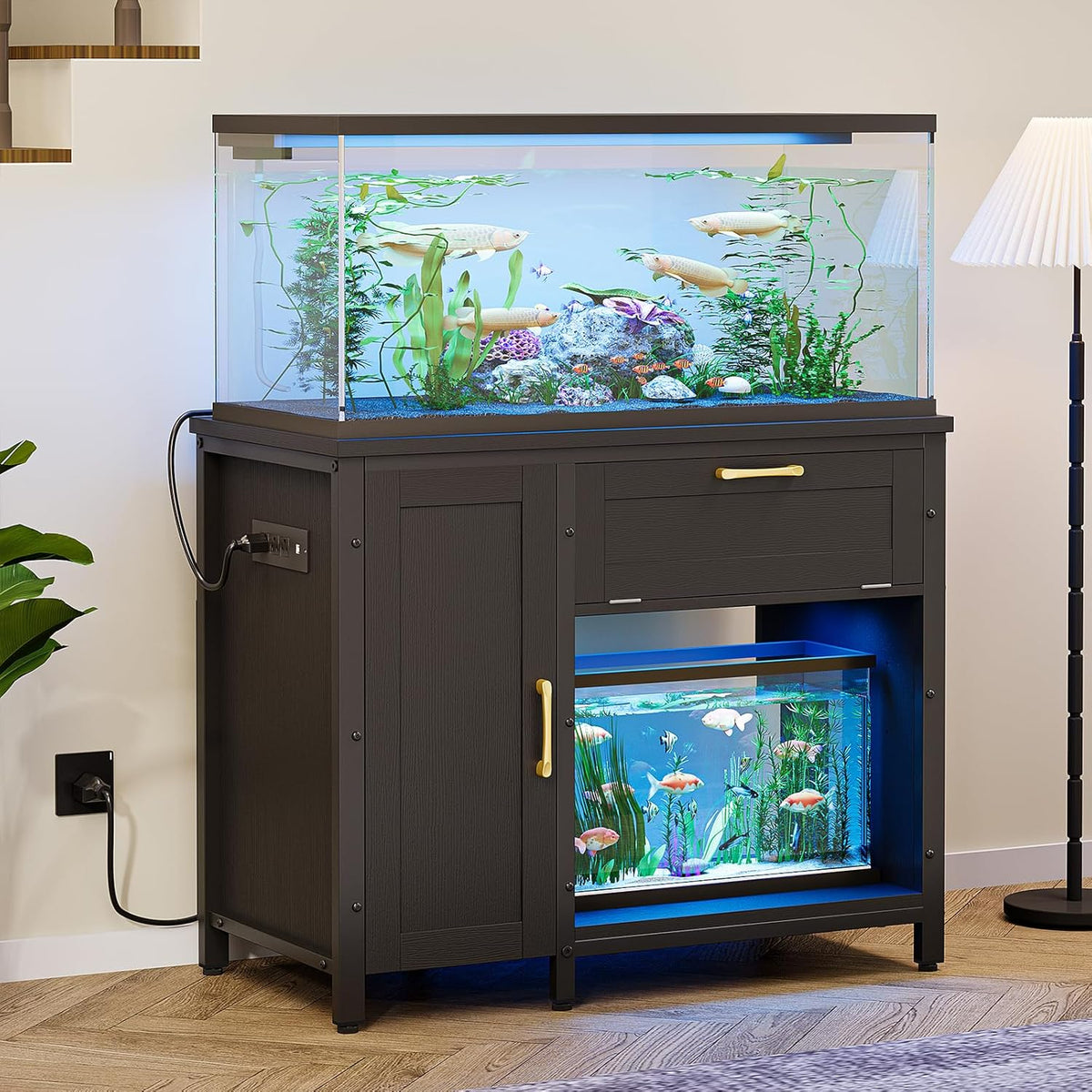 Bestier 40-50 Gallon Fish Tank Stand with Power Outlet&LED Light, 37x18 Heavy-Duty Metal Aquarium
