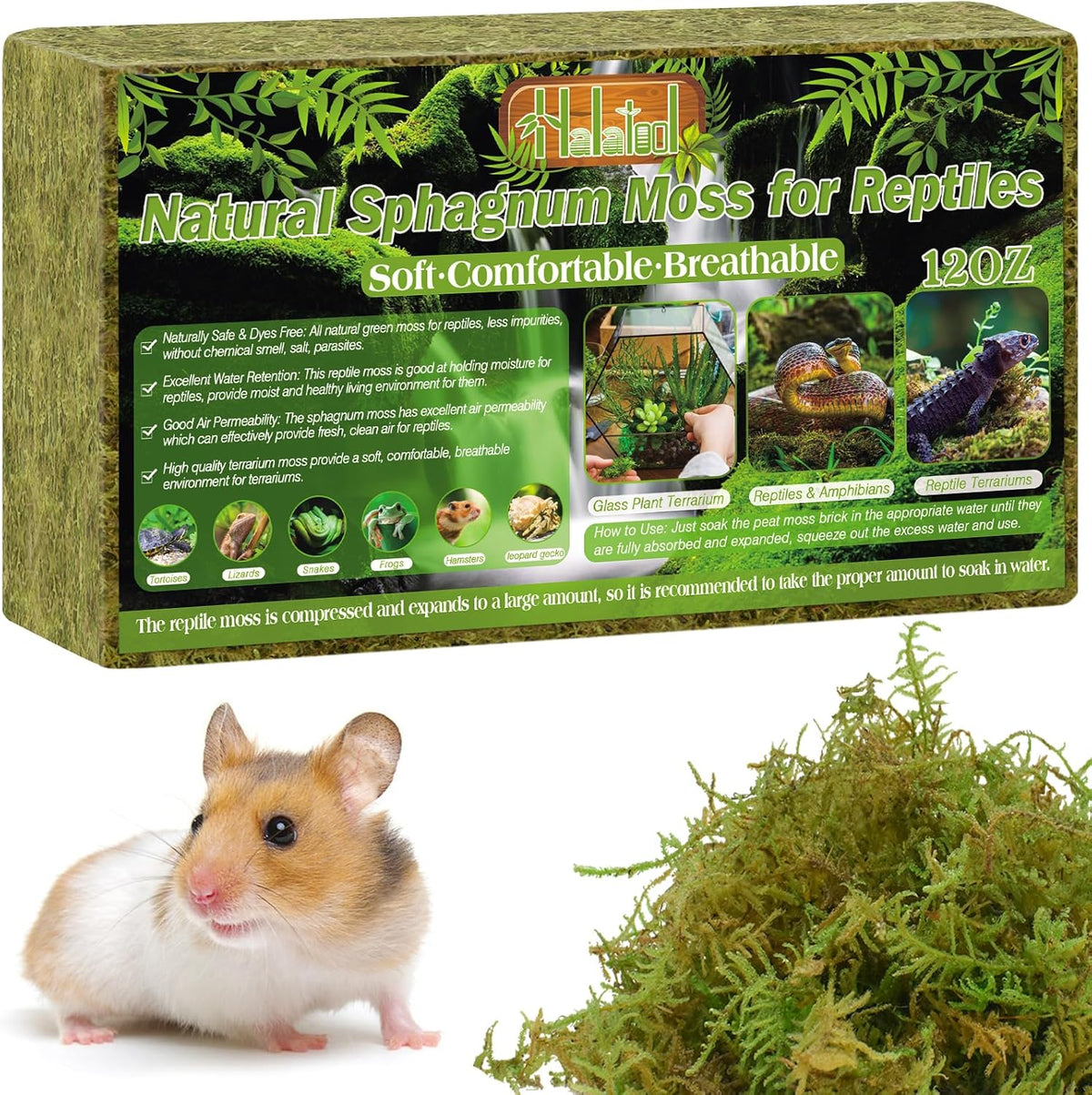 Halatool 12OZ Natural Sphagnum Moss for Reptiles- 18QT Green Live Moss for Terrarium Plants Long