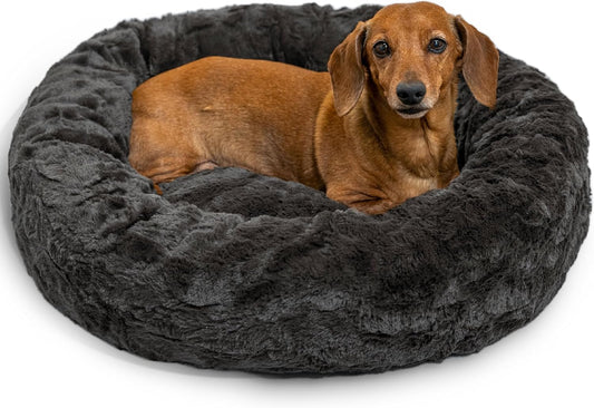 Best Friends by Sheri Original Calming Donut Dog and Cat Bed, Lux Faux Fur, Mink Dark Gray, (23in x