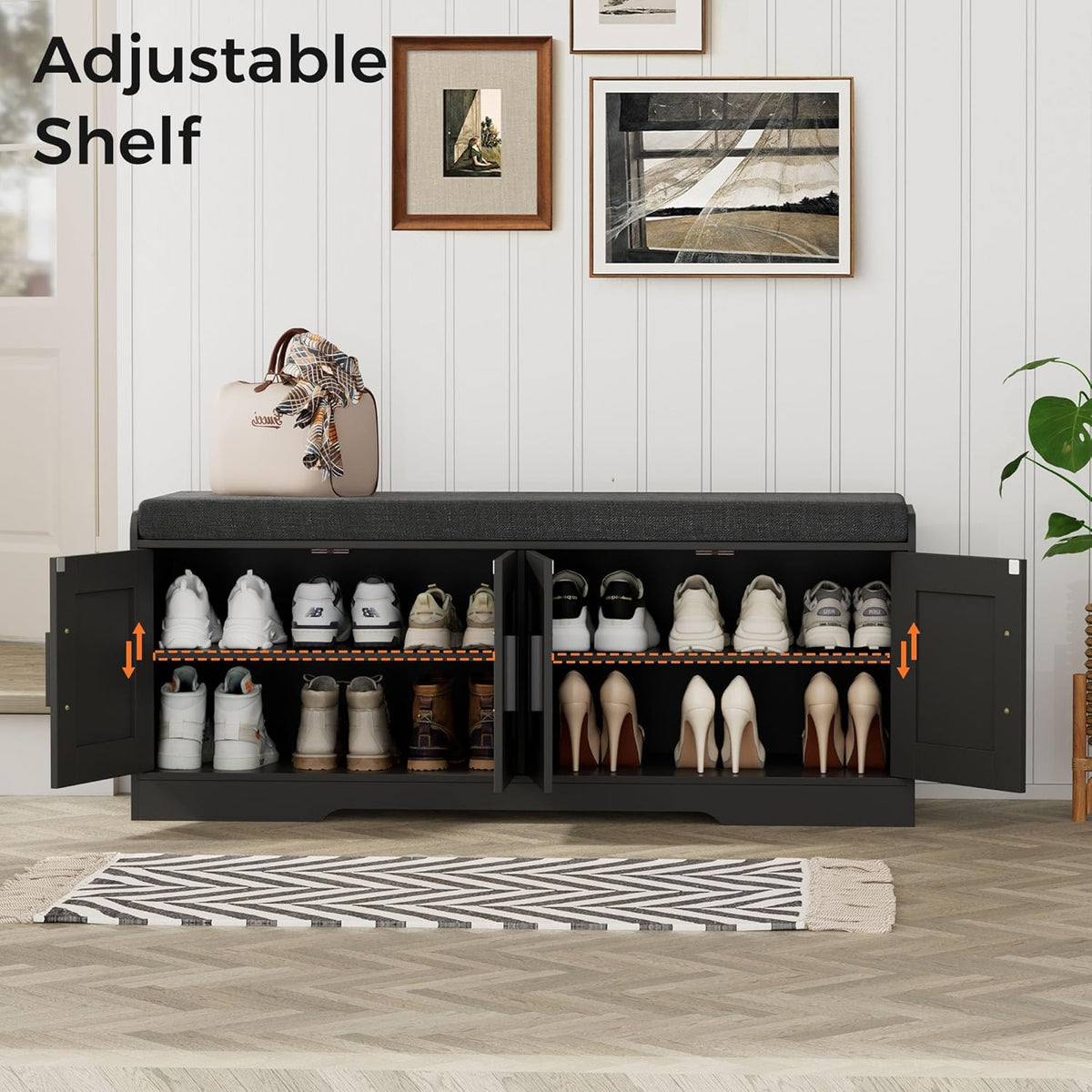 2-Tier Storage Bench, Shoe Bench with Thickened Padded Seat Cushion, Entryway Bench with 4 Doors