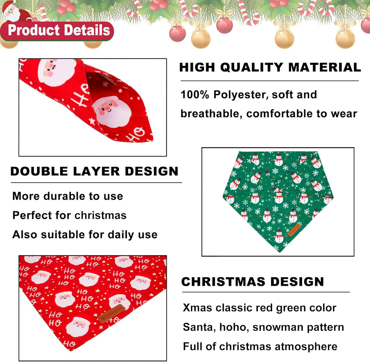 ADOGGYGO Christmas Dog Bandanas, Snowman Santa Xmas Pet Scarf, Multi Size Offered, Red Green