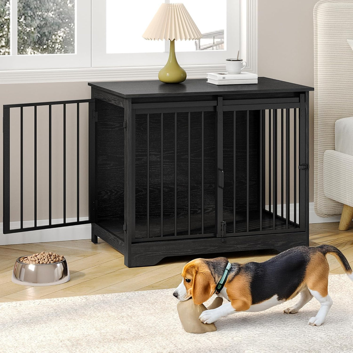 31.9" Dog Crate Furniture with Barn Door, Heavy Duty Dog Kennel Indoor with 2 Doors, Wooden Pet