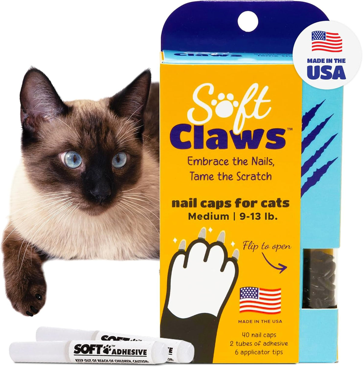 Soft Claws Cat Nail Caps for Medium Cats – (40 Caps, Black) - Made in USA - Veterinarian-Developed