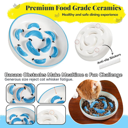 Ceramic Cat Slow Feeder Bowl - Vibrant Cat Feeding Bowl - Cute Maze Food Dish for Slow Eating