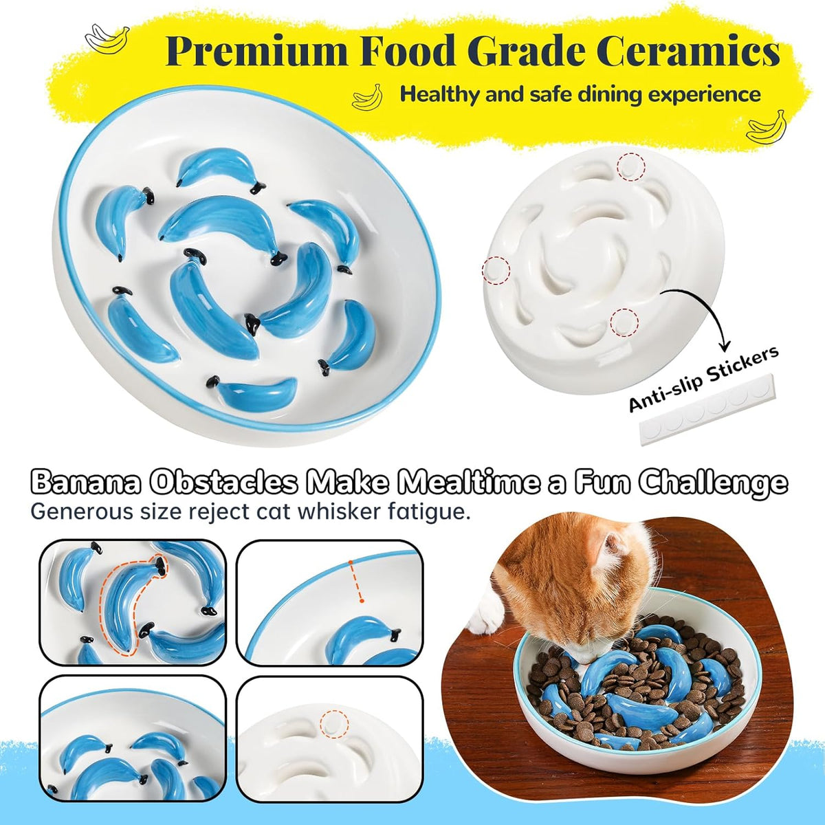 Ceramic Cat Slow Feeder Bowl - Vibrant Cat Feeding Bowl - Cute Maze Food Dish for Slow Eating