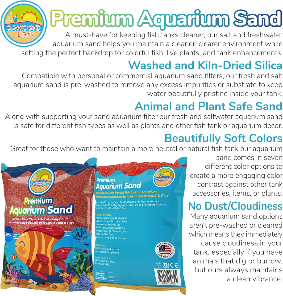 CLASSIC SAND & PLAY Natural Aquarium Sand for Freshwater and Saltwater Tanks, 20 lb. Bag, Improves