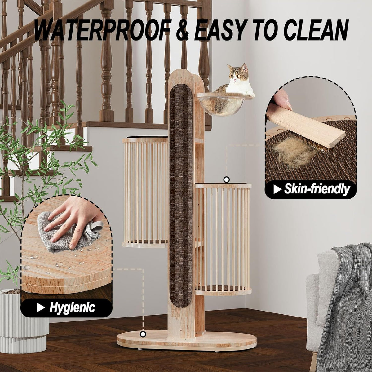 Modern Cat Tree Tower for Indoor Cats, 67" Tall Solid Wooden Cat Tower with Scratching Posts, 6