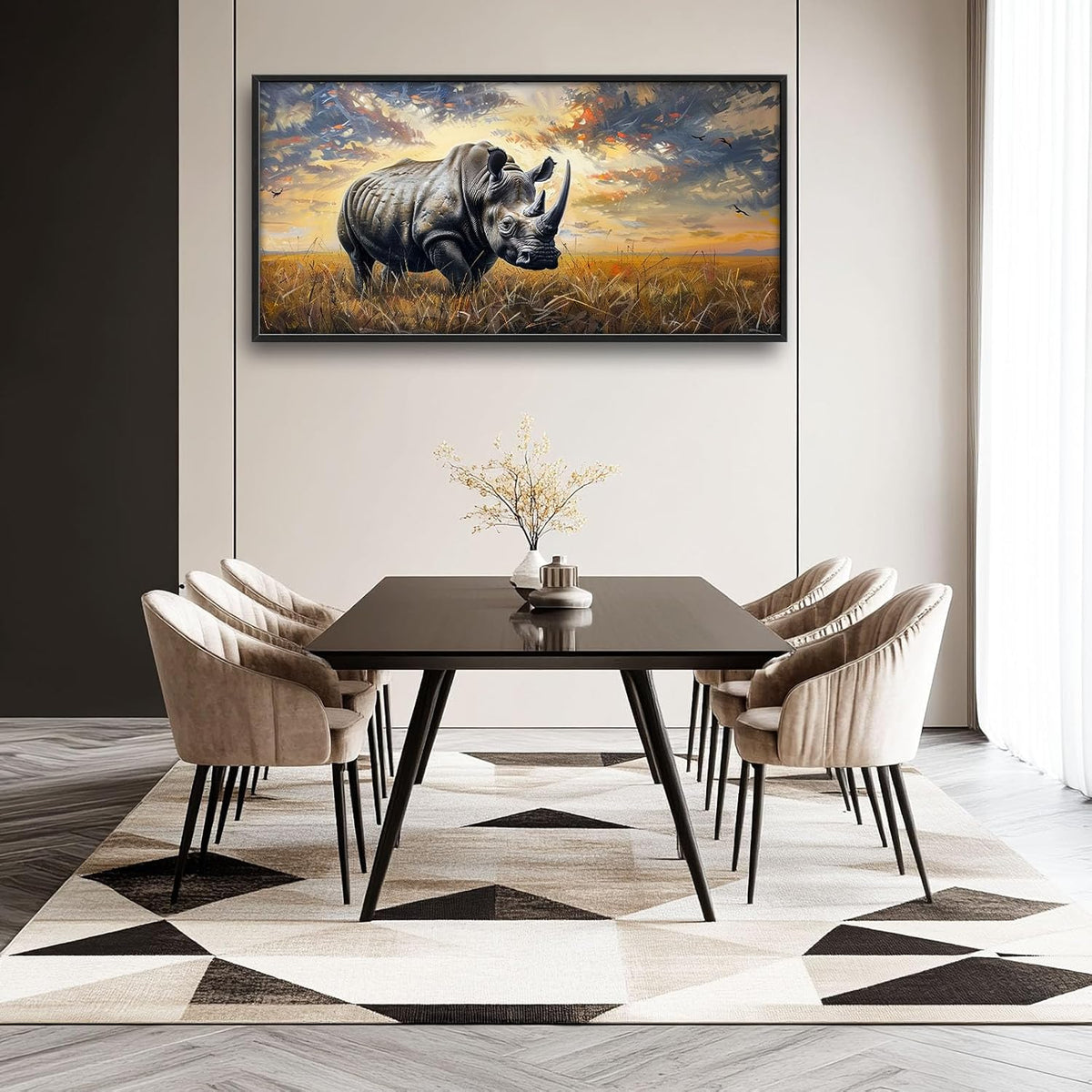 Rhino Large Wall Art Rustic Cool Wild Animal Rhinoceros Pictures Sunset Field Landscape Wall Decor