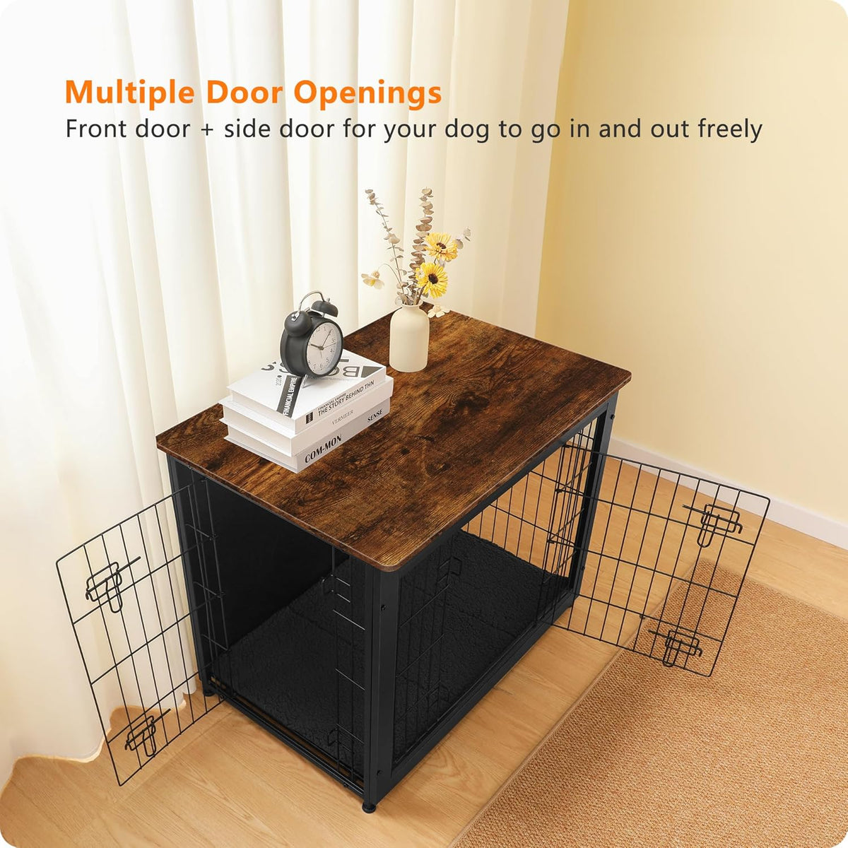 DWANTON Dog Crate Furniture with Cushion, Wooden Kennel Table with Double Doors, Indoor Dog House