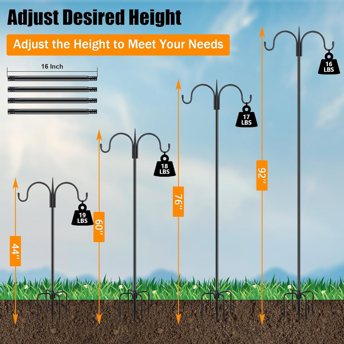 FEED GARDEN Adjustable Double Shepherds Hook for Outdoor with 5 Prong Base 92 Inch Heavy Duty Two