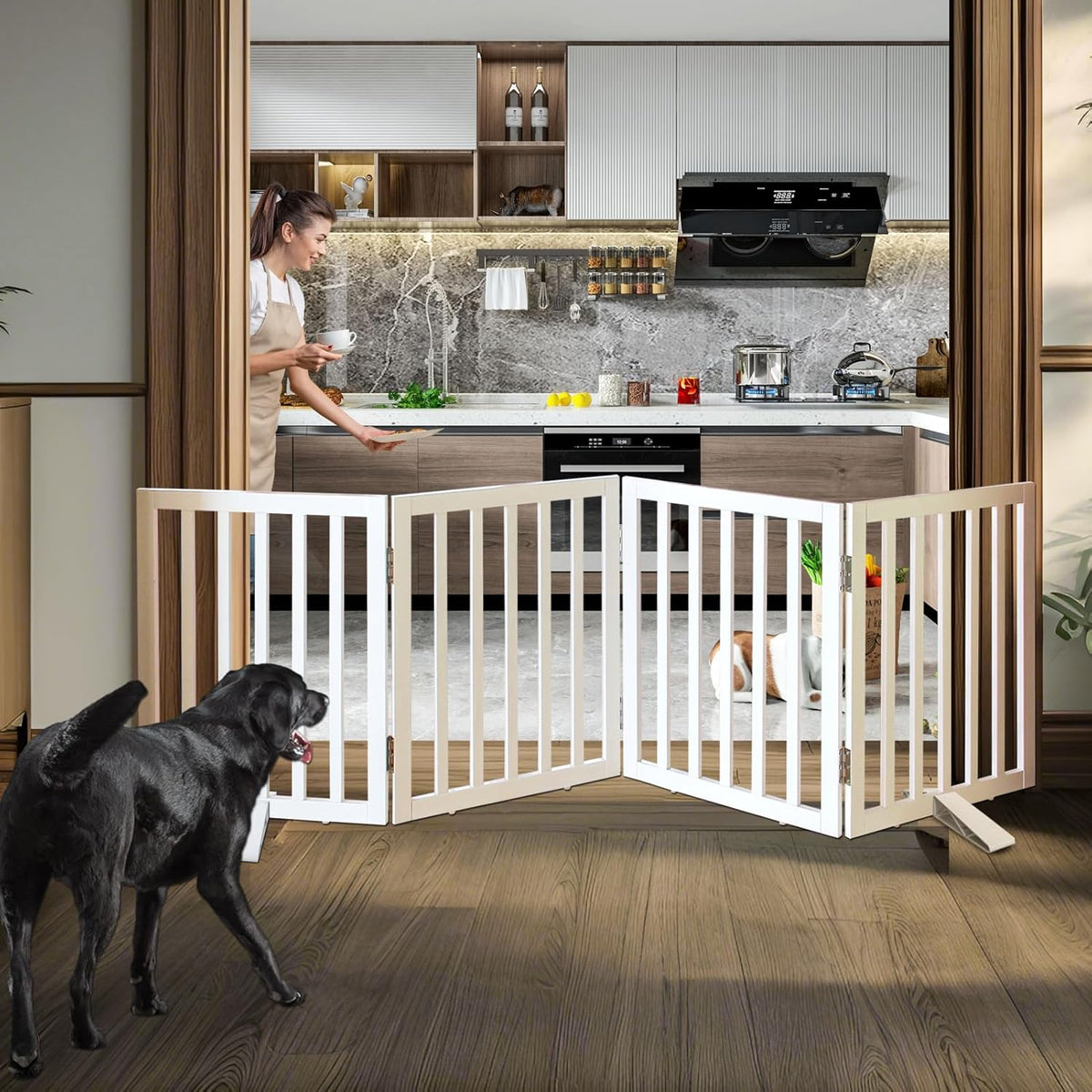 ZJSF Freestanding Indoor Dog Gate for House Foldable Wood White Puppy Gate for Doorways Pet Gate