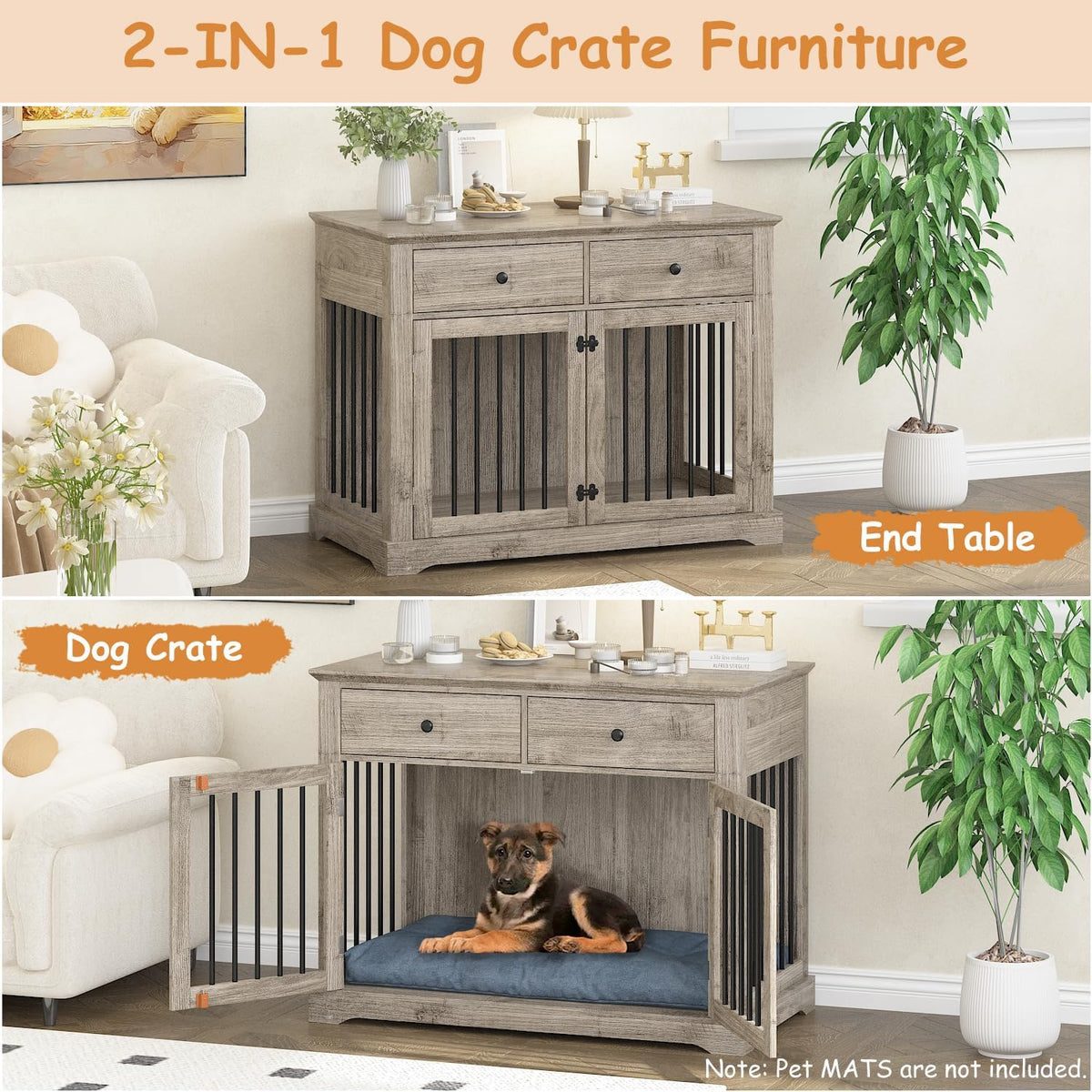 Dog Crate Furniture, 44 Inch Wooden Dog Kennel Indoor with 2 Storage Drawers, Heavy Duty Large