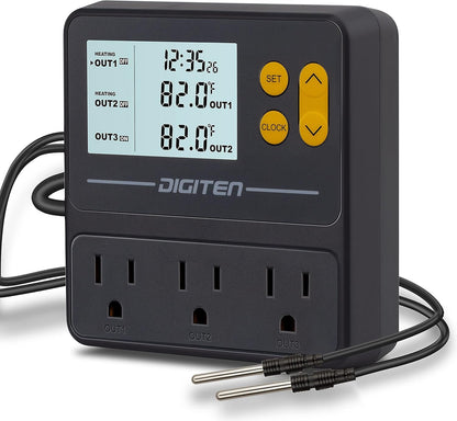 DIGITEN Reptile Temperature Controller with Timer Day-Night,3-Stage Outlet Thermostat Cooling