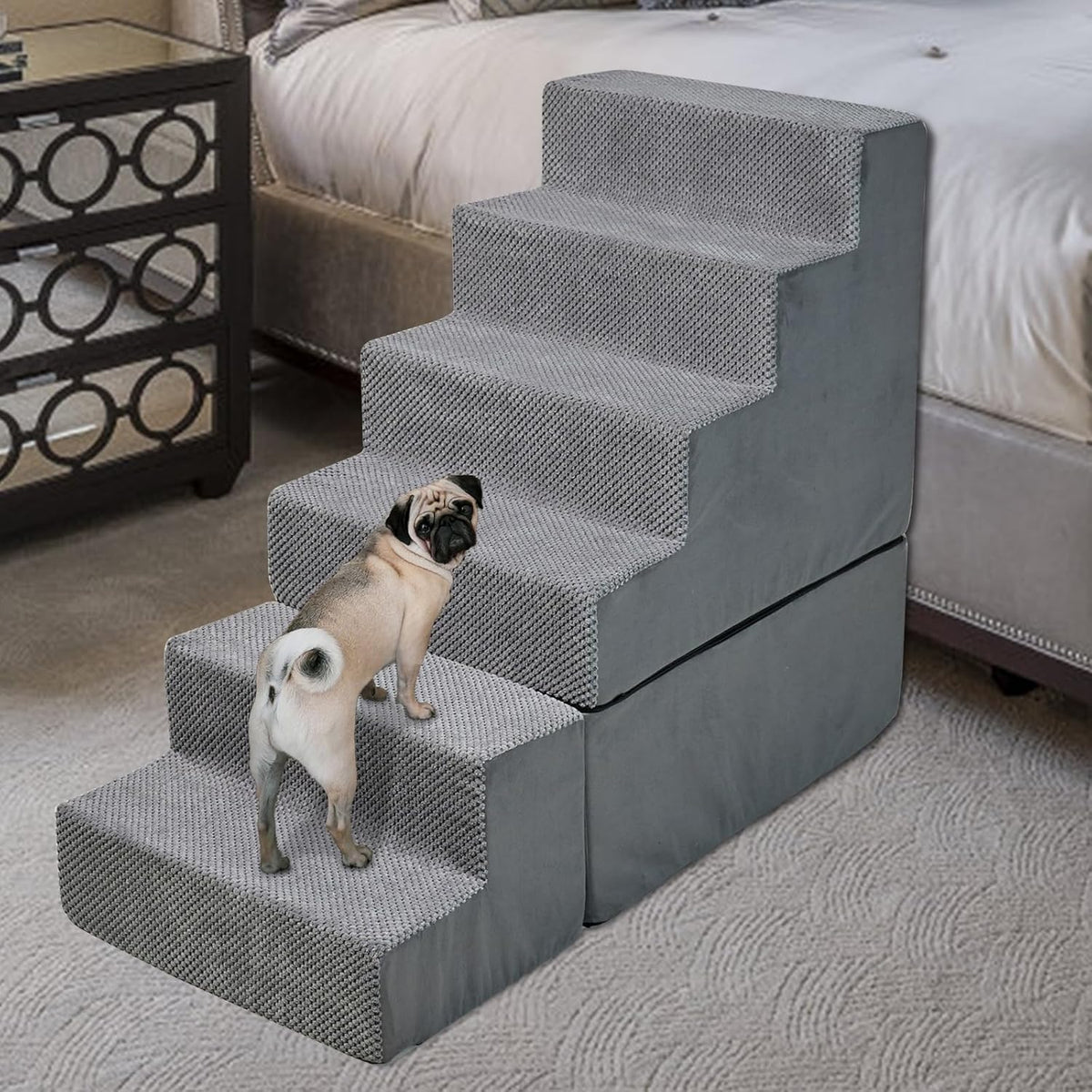 Dog Stair Steps for High Beds 30 inches Tall, 33D Foam Dog Ramp for Bed 30-32 inches, 6-Step Pet