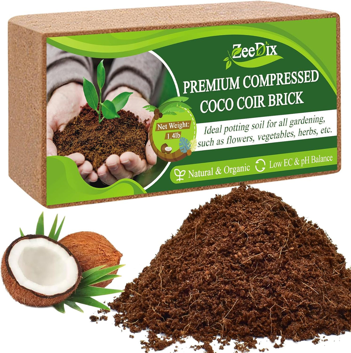 ZeeDix Compressed Coco Coir Brick for Plants, Premium Coconut Coir Bricks Potting Soil Mix, Natural