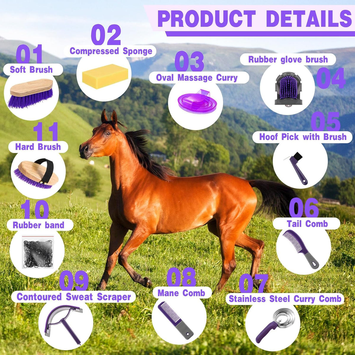 Abbylike 12 Pieces Horse Grooming Kit Racing Festival Tack Room Supplies Horse Brush Sets Equine