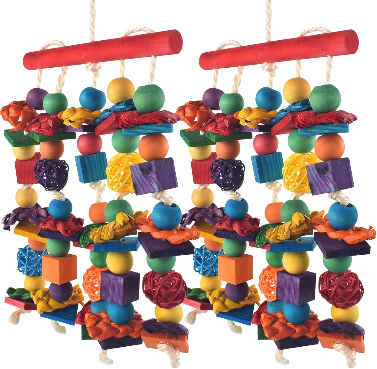 Bird Toys, 2PCS Parrot Foraging Hanging Toy, Multicolored Natural Wooden Blocks Parakeet Chewing