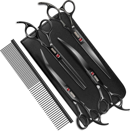 7.0in Titanium Professional Dog Grooming Scissors Set, GEMEK 6 in 1 Straight & Thinning & Upwards