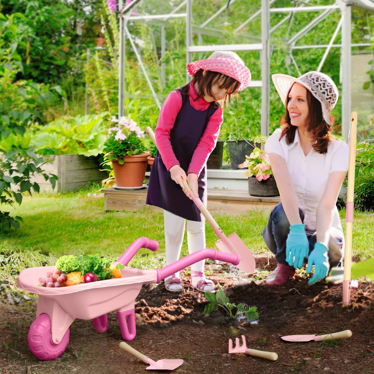 Kids Gardening Tools Outdoor Toys Set Backyard Play with Wheelbarrow Educational STEM Learning